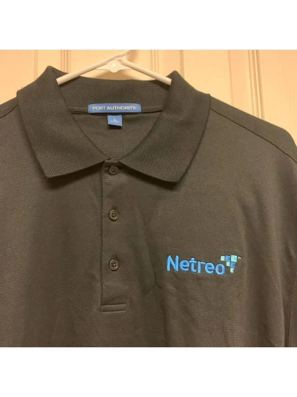 Port Authority mens black polo branded Netreo short sleeve size L Large NEW NWOT